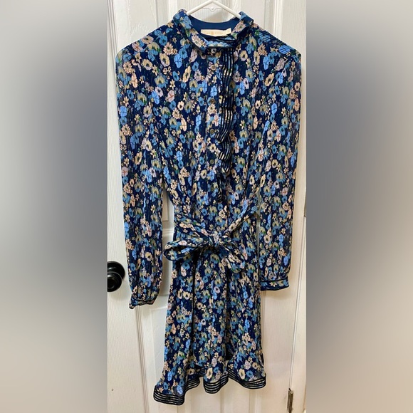 Tory Burch Deneuve Floral Ruffle-Neck Long-Sleeve Plisse Dress Size 2 $398 - Picture 3 of 6